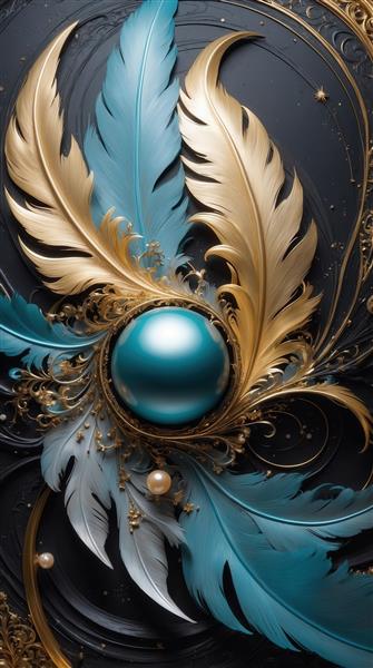 عکس پرهای طلایی و فیروزه‌ای و سفید با گوی آبی در زمینه مشکی برای دکور