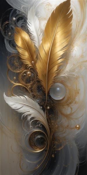 تصویر پرهای طلایی و سفید با مروارید در پس‌زمینه انتزاعی روشن برای پوستر