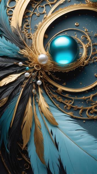 طرح پرهای مشکی و آبی و طلایی با مروارید و گوی فیروزه‌ای برای تابلو مدرن