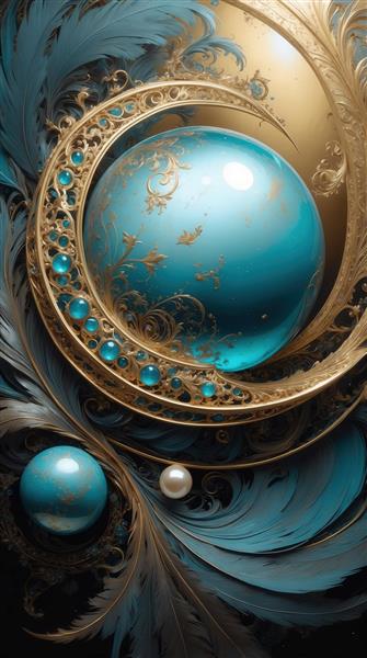 عکس گوی آبی فیروزه‌ای شیشه‌ای با قاب طلایی دکوراتیو برای پوستر باکیفیت