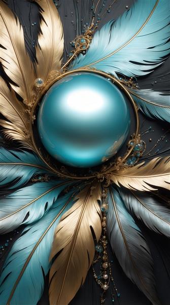 تصویر پرهای آبی فیروزه‌ای و پر طلایی بزرگ برای پوستر دیواری
