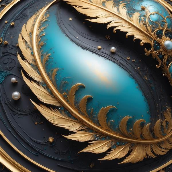 تصویر گوی شیشه‌ای شفاف در قاب طلایی و پرهای آبی لوکس