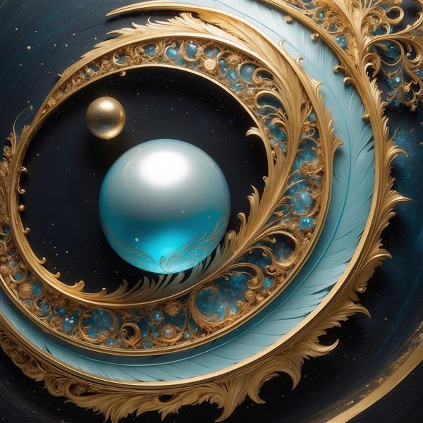 عکس گوی آبی لوکس با پرهای طلایی و سفید برای پوستر دیواری