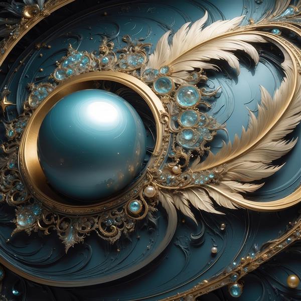طرح پرهای مشکی، آبی و طلایی با مروارید برای چاپ تابلو شیک
