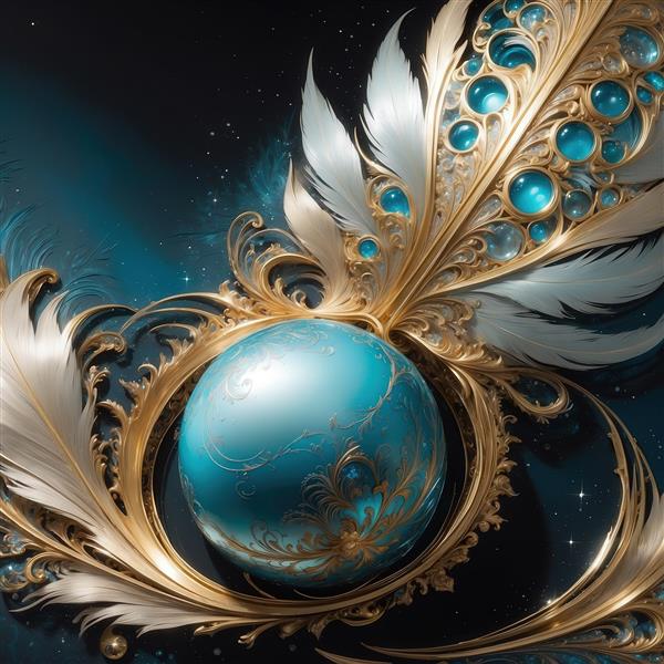 عکس گوی فیروزه‌ای و پرهای طلایی و سفید برای تابلو پذیرایی