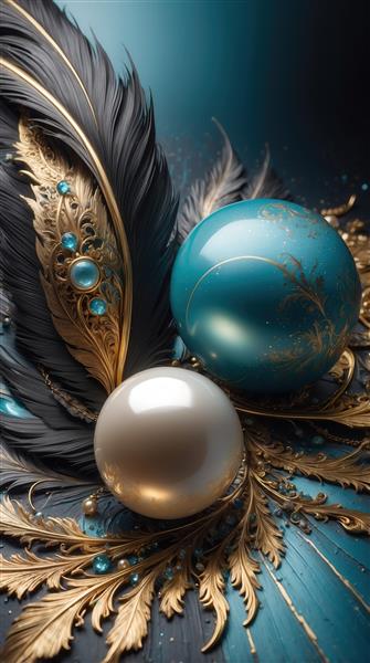 تصویر مروارید و گوی آبی لوکس با تزئینات پر و طلایی برای چاپ
