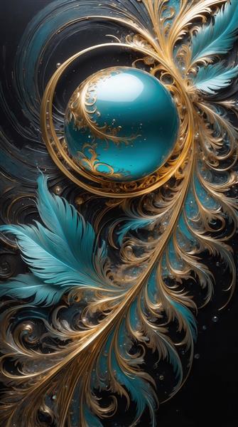 طرح گوی آبی فیروزه‌ای با نقش طلایی و پر برای چاپ روی پرده