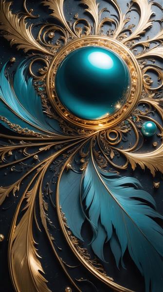 عکس گوی آبی درخشان و پرهای طلایی لوکس برای پوستر دیواری