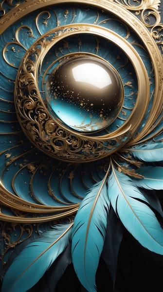 تصویر گوی طلایی و پرهای آبی فیروزه‌ای برای تابلو دکوراتیو