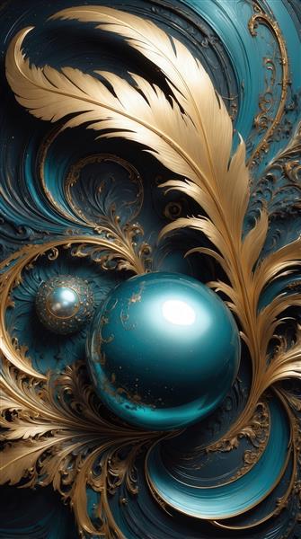 عکس پر طلایی و گوی آبی فیروزه‌ای درخشان برای پوستر دیواری شیک