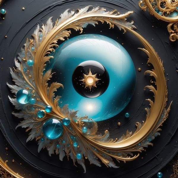 طرح گوی آبی فیروزه‌ای و قاب طلایی دایره‌ای با تزئینات لوکس