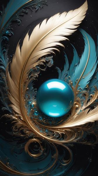 عکس پرهای طلایی و فیروزه‌ای و گوی آبی لوکس برای پوستر دیواری