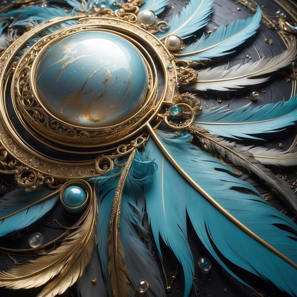 طرح پرهای فیروزه‌ای و گوی طلایی با مروارید برای کوسن شیک