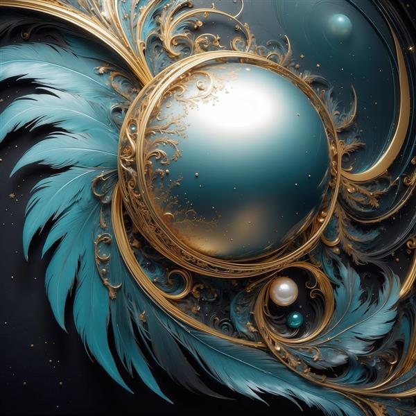 تصویر گوی فیروزه‌ای در قاب طلایی و پرهای لوکس برای چاپ روی پرده