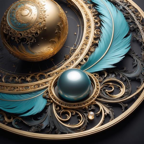 عکس گوی آبی تیره و فریم طلایی لوکس با پر برای روتختی