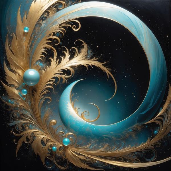 طرح پرهای طلایی و منحنی فیروزه‌ای فانتزی برای تابلو دکوراتیو