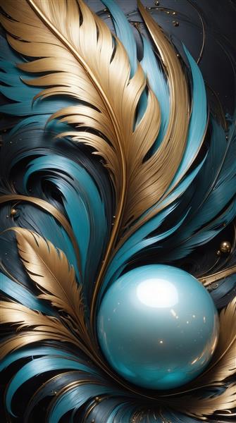 تصویر پرهای طلایی و فیروزه‌ای با گوی آبی درخشان برای چاپ