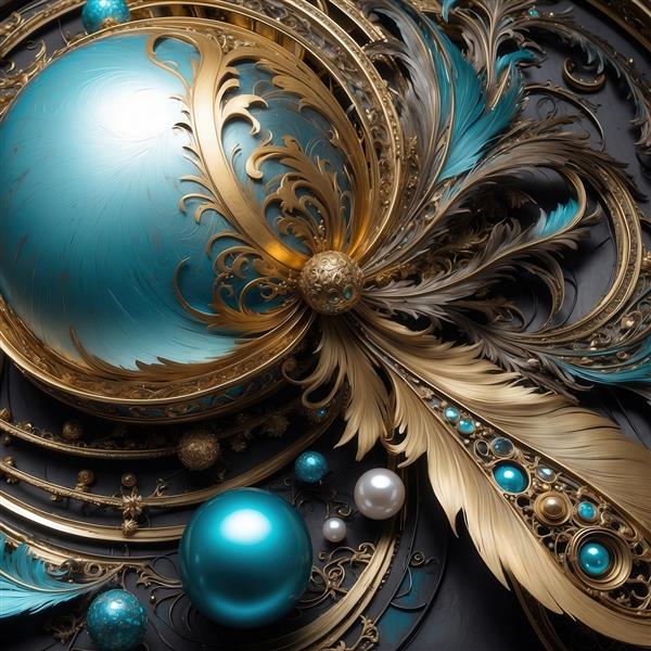 عکس گوی فیروزه‌ای با پر و تزئینات طلایی لوکس برای پوستر