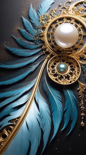 طرح پرهای فیروزه‌ای و مروارید در قاب طلایی برای روتختی شیک