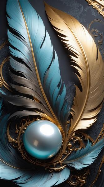 تصویر دو پر رنگی و مروارید لوکس در قاب طلایی برای دکوراسیون