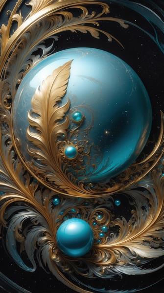 عکس گوی بزرگ فیروزه‌ای و پر طلایی درخشان برای پوستر دیواری