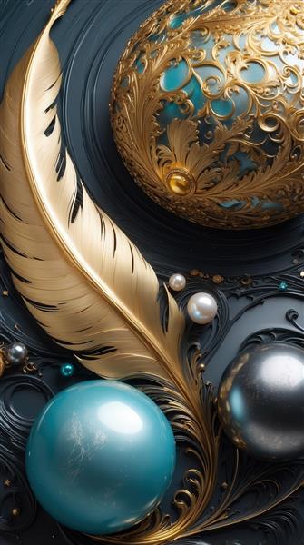 طرح پر طلایی و گوی فیروزه‌ای لوکس با مروارید برای چاپ تابلو