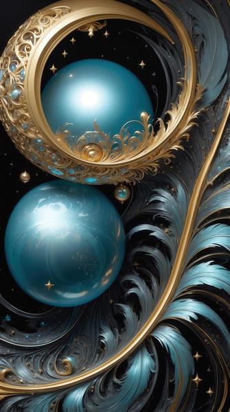 تصویر دو گوی آبی و قاب طلایی فانتزی برای چاپ روی پرده