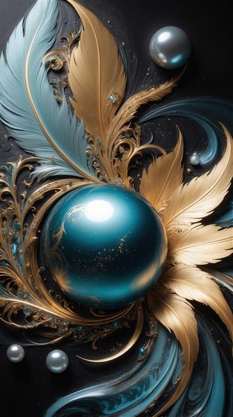 عکس گوی آبی تیره و پرهای طلایی با مروارید برای روتختی باکیفیت