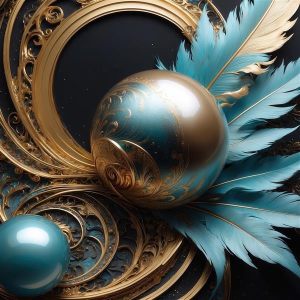 تصویر گوی دو رنگ طلایی و فیروزه‌ای با پرهای آبی لوکس برای چاپ