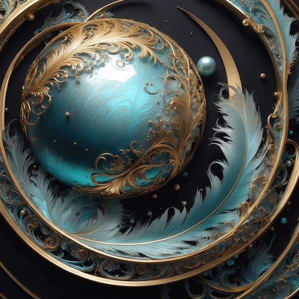 طرح گوی فیروزه‌ای با نقش طلایی و پرهای آبی برای پوستر دیواری