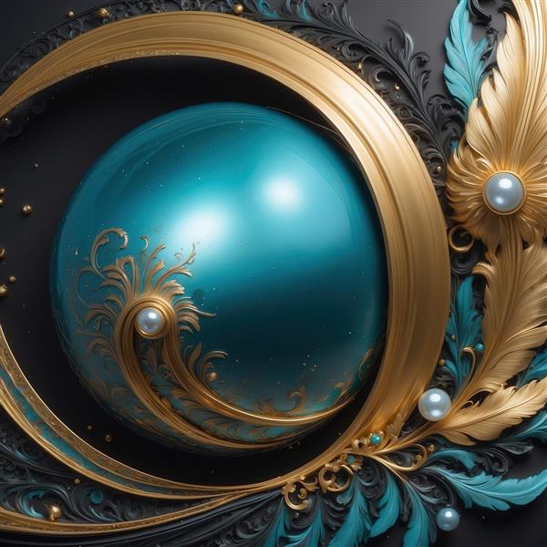 عکس گوی فیروزه‌ای و پر طلایی با مروارید برای تابلو دکوراتیو شیک