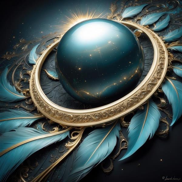 طرح گوی آبی تیره درخشان با قاب طلایی و پر برای پوستر دیواری