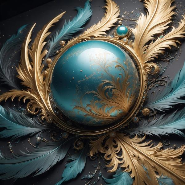 عکس گوی فیروزه‌ای و پرهای لوکس طلایی در قاب گرد برای روتختی