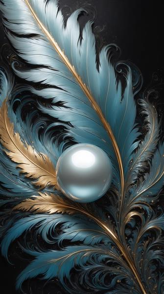 تصویر مروارید درخشان و پرهای آبی طلایی برای تابلو اتاق خواب