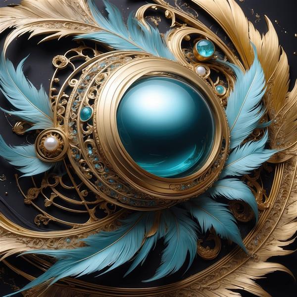 عکس گوی فیروزه‌ای براق و پرهای لوکس طلایی در قاب دایره‌ای