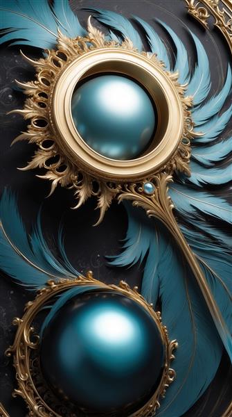 تصویر گوی‌های آبی و قاب لوکس طلایی با پر برای تابلو نشیمن