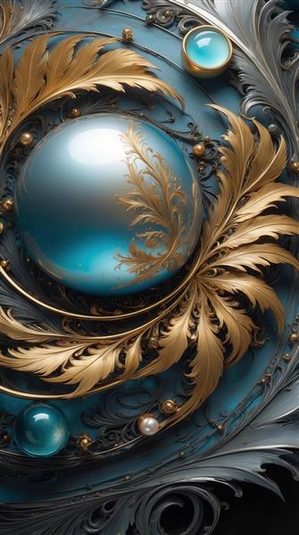 طرح گوی فیروزه‌ای با شاخ و برگ طلایی برای چاپ روی پرده