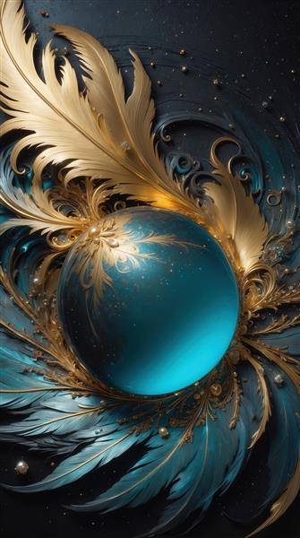 عکس گوی آبی تیره درخشان و پر طلایی فانتزی برای پوستر دیواری