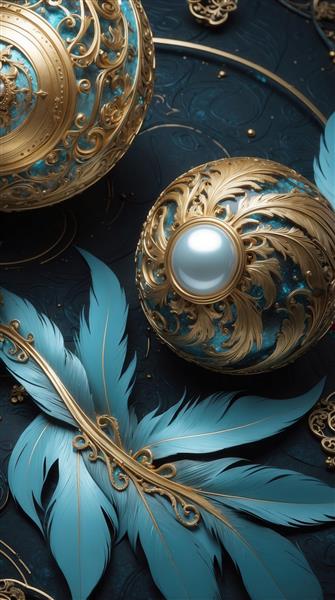 تصویر پر فیروزه‌ای و گوی طلایی تزئینی با مروارید برای چاپ