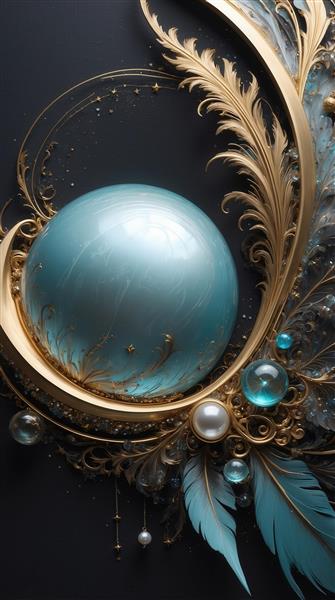 عکس گوی آبی فیروزه‌ای و پر طلایی لوکس برای پوستر دیواری لاکچری