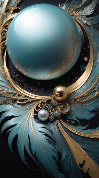 تصویر کره درخشان آبی با پرهای طلایی و جواهرات برای تابلو