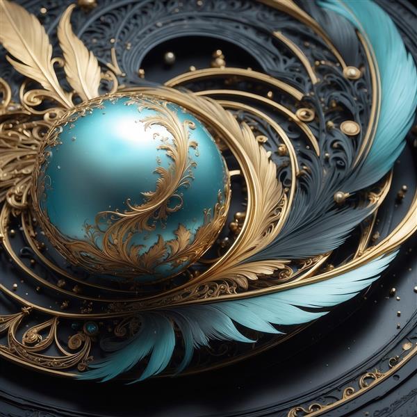 طرح گوی فیروزه‌ای با تزیینات طلایی و پرهای درخشان برای چاپ