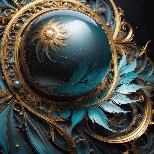 تصویر گوی فیروزه‌ای با طرح خورشید و پر در قاب طلایی مجلل