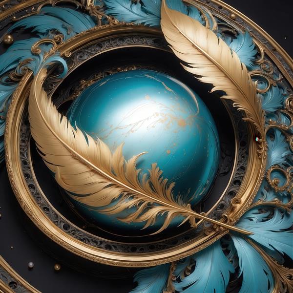 عکس دو پر طلایی و کره فیروزه‌ای در قاب دایره‌ای کلاسیک