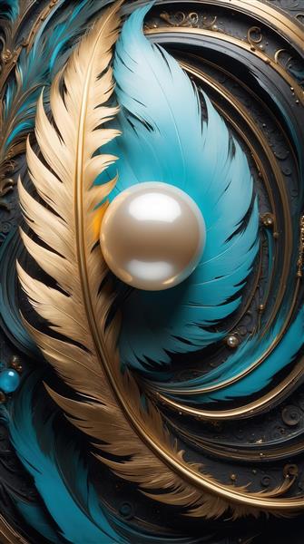 طرح پر طلایی و فیروزه‌ای با مروارید روی زمینه تیره برای تابلو
