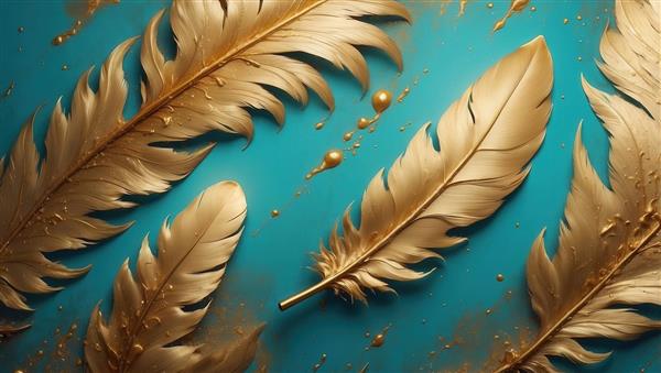 عکس پرهای طلایی پراکنده روی زمینه آبی جذاب برای دکور