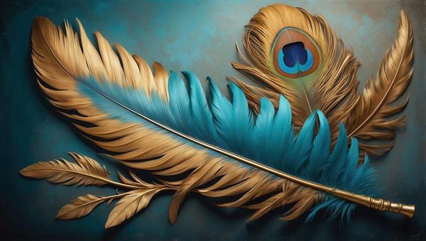 تصویر پر طاووس طلایی و فیروزه‌ای درخشان برای چاپ روی پرده