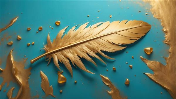 تصویر پر طلایی براق با قطرات آب روی زمینه آبی برای دکور