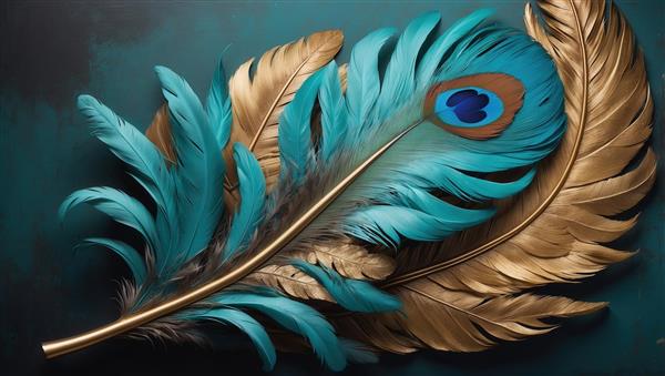 طرح پرهای طلایی و فیروزه‌ای شیک با پس‌زمینه تیره برای چاپ