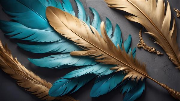 طرح پرهای طلایی و آبی فیروزه‌ای مینیمال برای چاپ روی ماگ